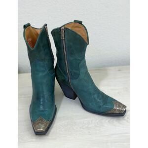 FREE PEOPLE Brayden Blue Leather Western Ankle Boots with Metal Toe Caps 40/US10